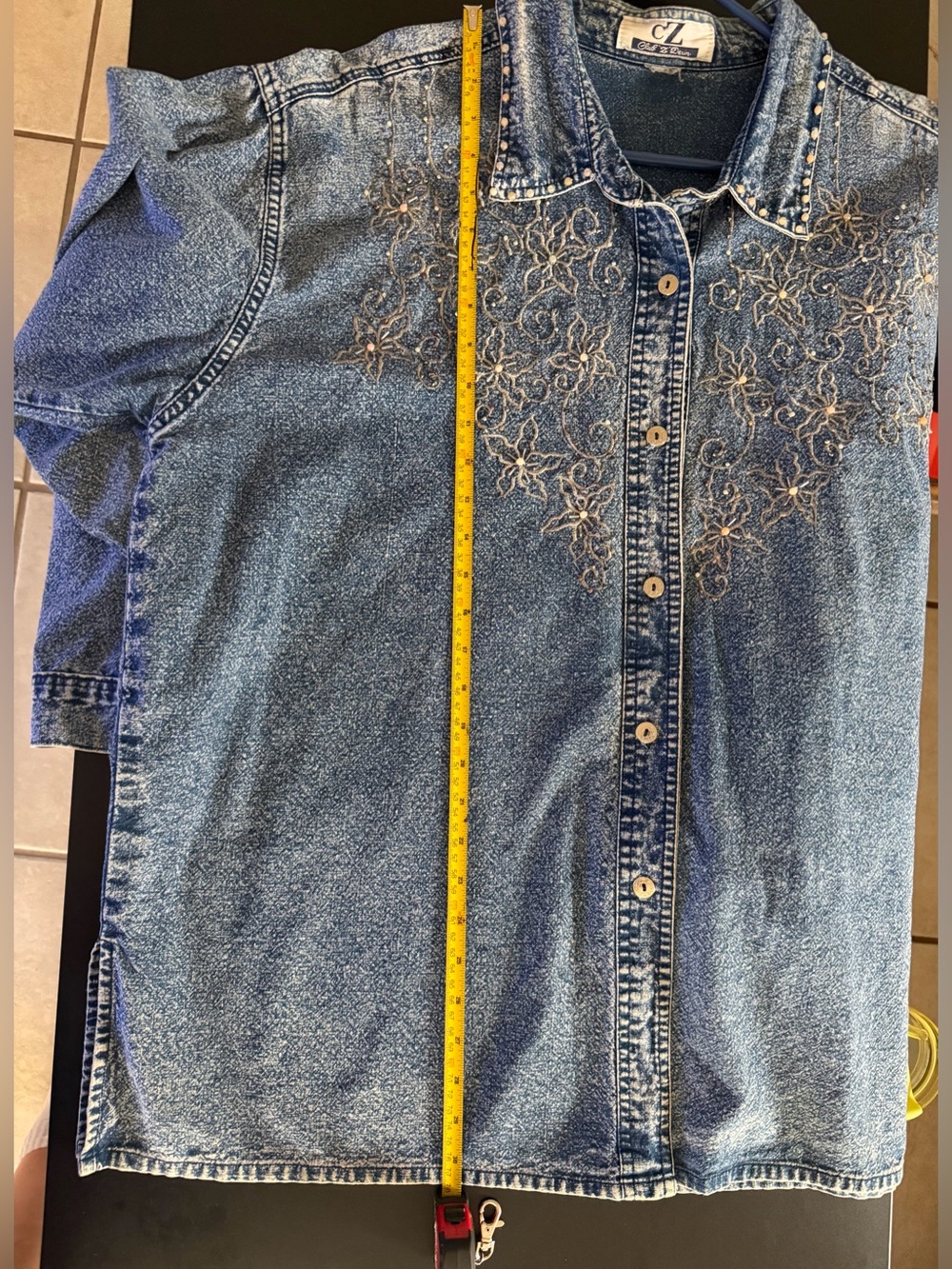 Vintage Club Z Denim Acid Wash Embroidered beaded Studded Oversized Shirt 80s 90 - Picture 12 of 15